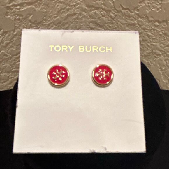 Tory Burch Gold Tone Signature Stud Earrings Red Enamel Double T Logo NEW - Picture 1 of 5